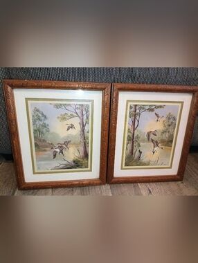 Vintage V.West Hunting Cabin Wood Framed Pintail Duck Woodland In Flight Prints